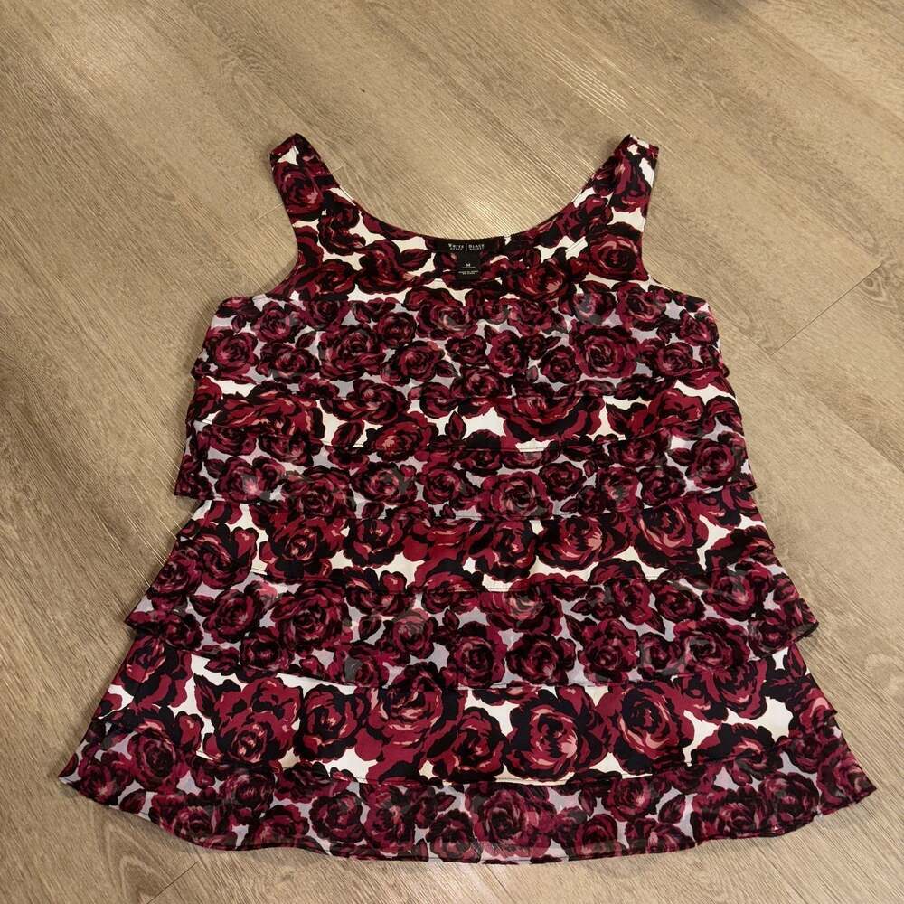 White House Black Market Red Rose Floral Ruffle Layered Sleeveless Blouse Top
